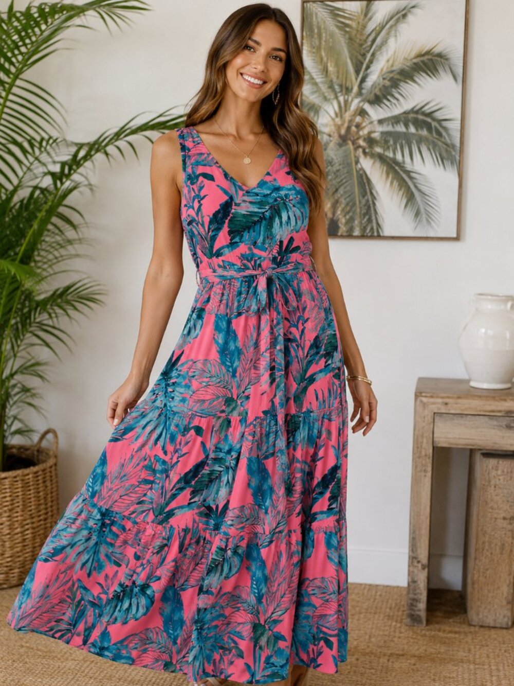 Nicole Miller Maxi Dress Pink Coral Teal Tropical Leaves Print with Belt Size 12